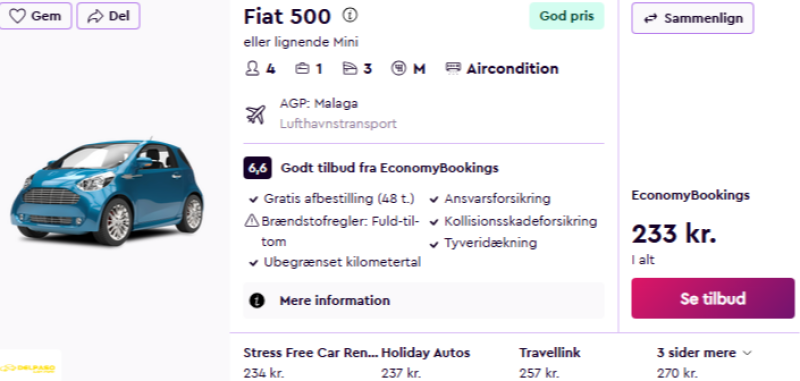 Lej bil i 6 dage for bare 117 DKK per person