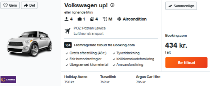 Lej bil i Poznan for bare 217 DKK p.p. for 3 dage