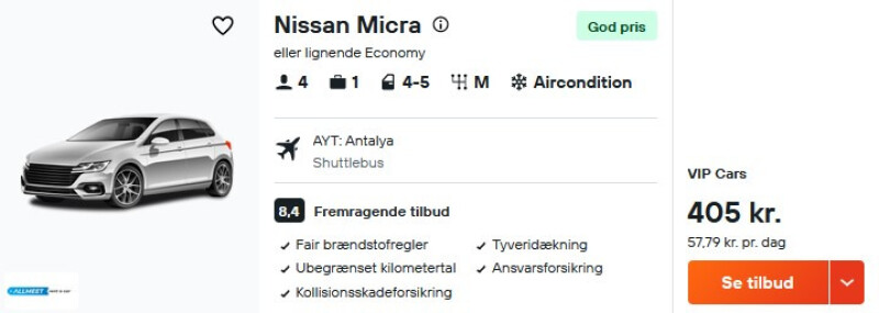 Lej bil i Antalya til lavpris fra 203 DKK per person for 7 dage