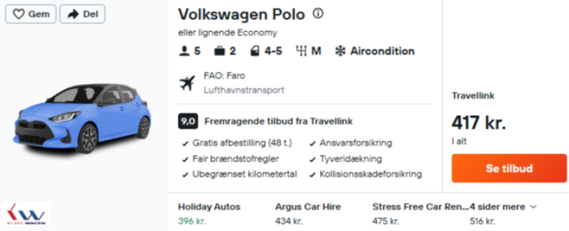 Lej bil i Portugal fra 209 DKK per person
