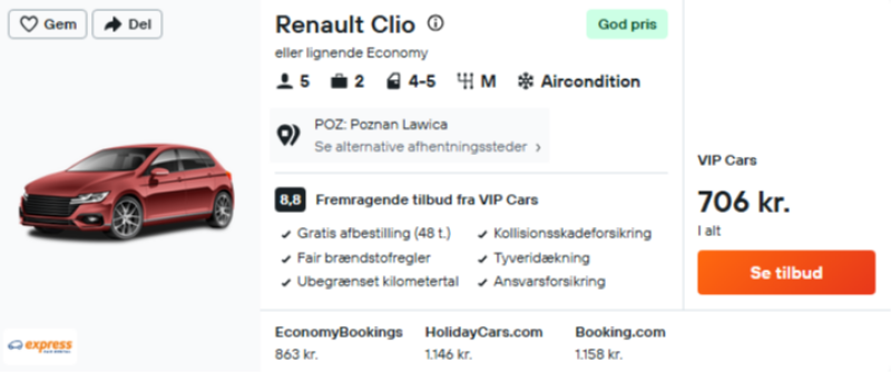 Lej bil i Poznan for bare 353 DKK p.p. for 6 dage