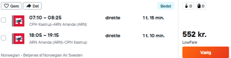 Flyv til Stockholm fra 552 DKK