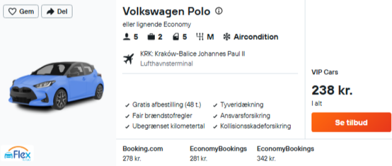 Lej bil i 3 dage i Krakow for kun 119 DKK per person