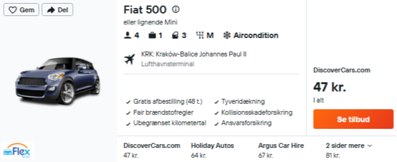 Lej bil i 3 dage i Krakow for kun 24 DKK per person